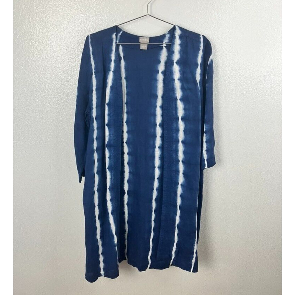 Chicos 100% Linen Striped Longline Jacket Cardigan Size 8/10 Indigo Kimono
